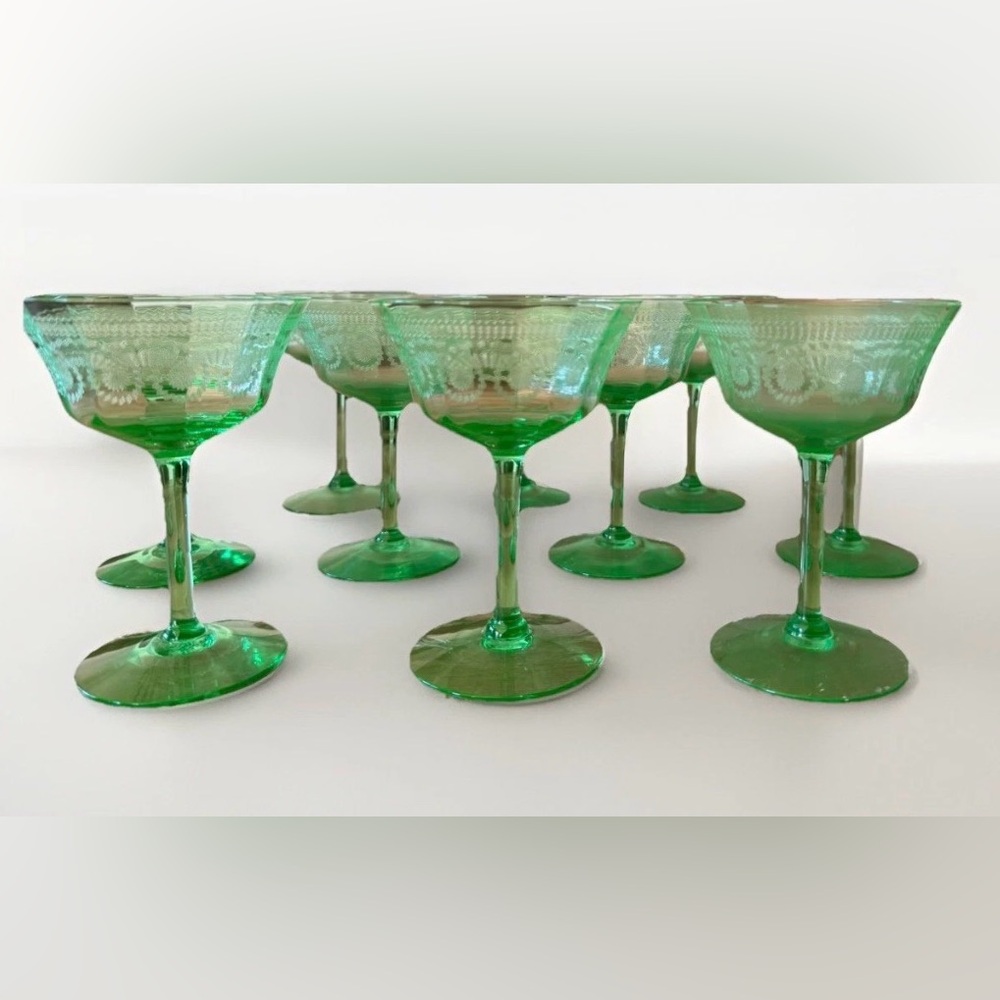Set 10 Vintage Uranium Glass Champagne Cordial Etched Stemware - MINT!